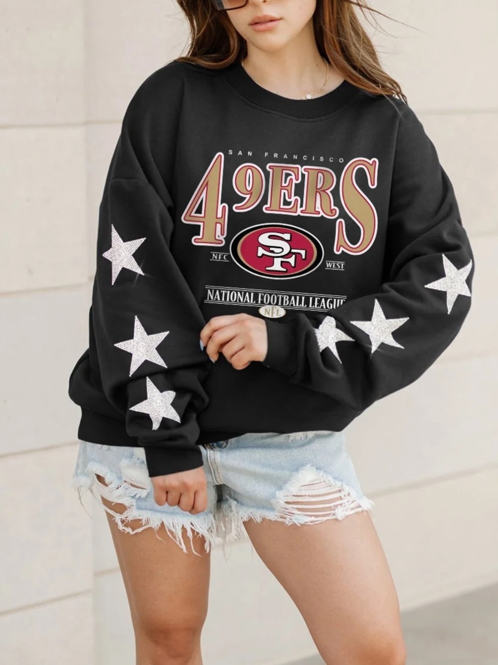 Black Star-Sleeve Crewneck Sweatshirt